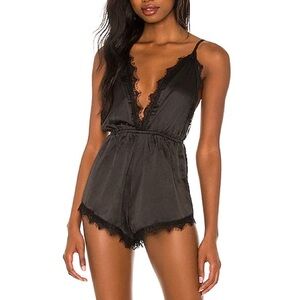 SUPERDOWN Black Lace Trim Romper Deana Teddy by Revolve Open Back Backless